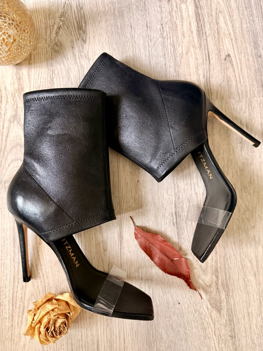 Stuart Weitzman Black Leather Ankle Stretch Booties with Clear Toe Strap • NWOB
